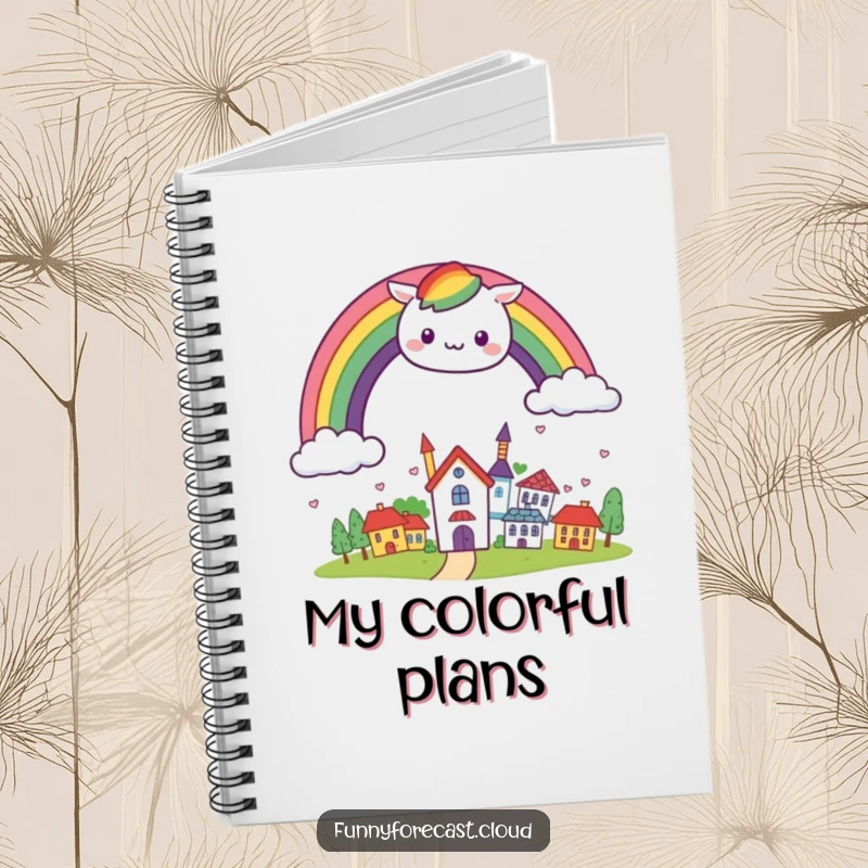 Funny kawaii rainbow arching cheerfully over a small, smiling town, on a notebook perfect for bright ideas.