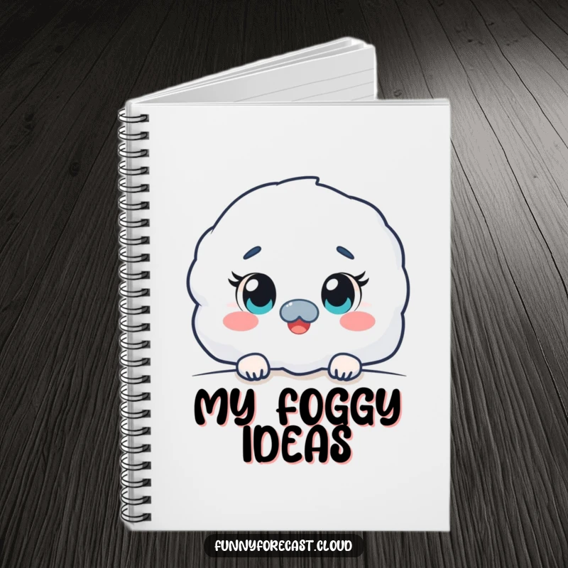 Funny kawaii fog character notebook, peeking with wide, curious eyes, mysterious and whimsical design for notes.