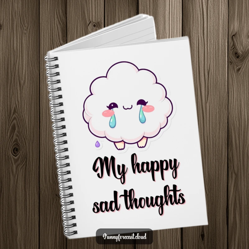 Funny notebook cover with a smiling fluffy cloud character crying bright rainbow tears, for creative writing.