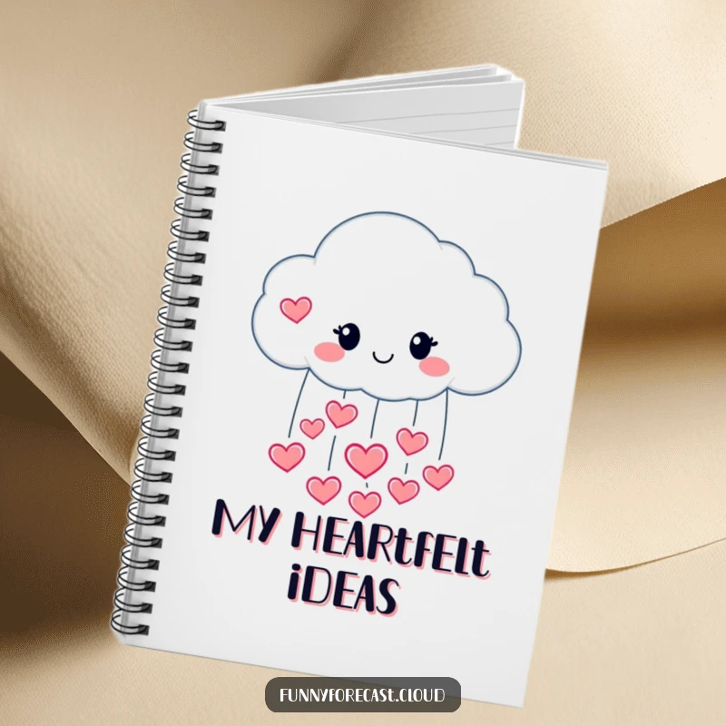 Funny notebook cover with a happy raincloud character pouring hearts, for loving ideas.