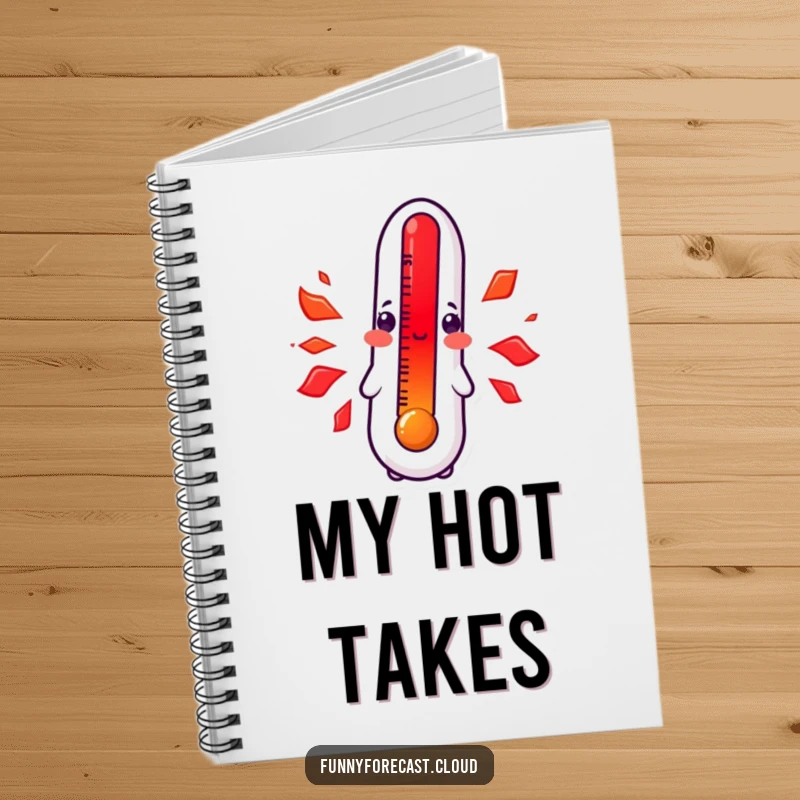 Funny kawaii thermometer notebook, character blushing bright red with heat, cute and embarrassed expression, ideal for notes and journaling.