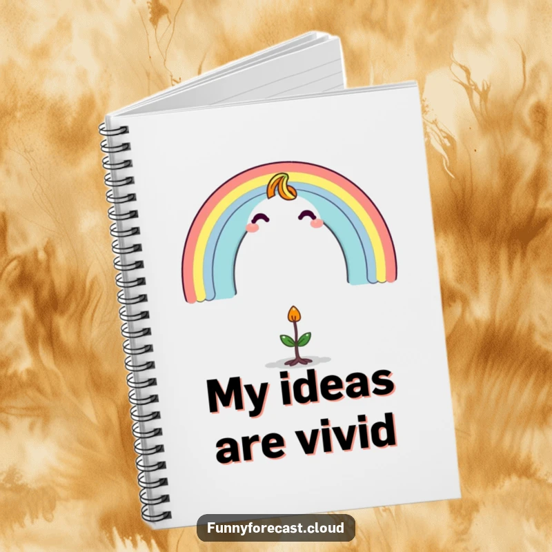 Funny notebook with a cheerful rainbow character forming an arch over a tiny, surprised sprout, perfect for jotting down bright ideas.