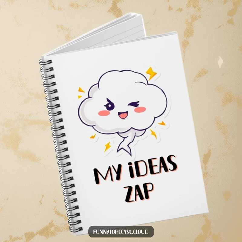 Funny notebook with a cute thundercloud character winking, and playful lightning bolts zipping around, perfect for notes.