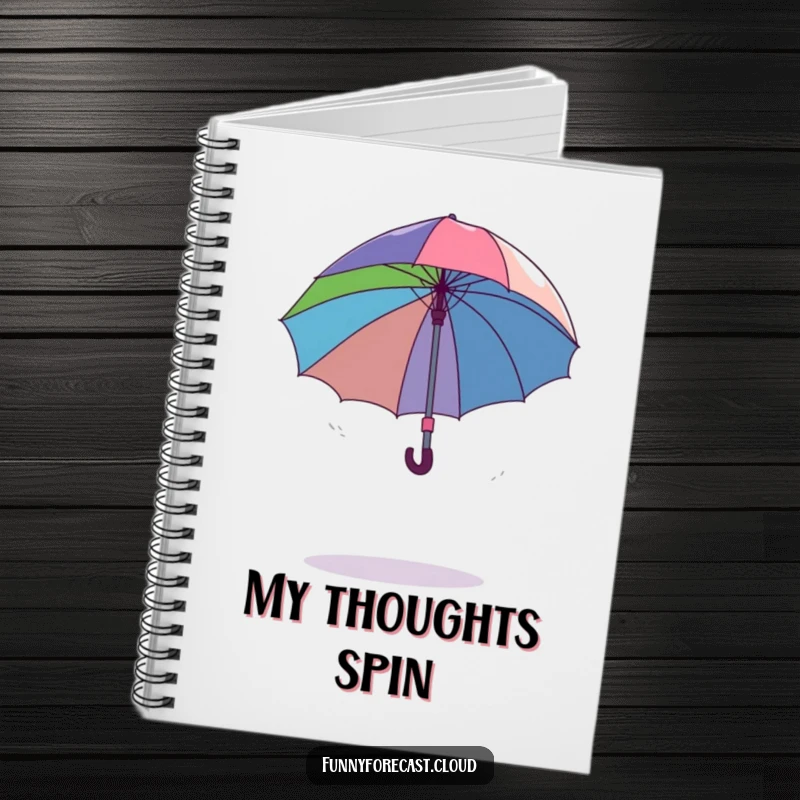 Funny dancing umbrella comically spinning out of control in a gentle breeze, a humorous notebook for jotting down ideas.