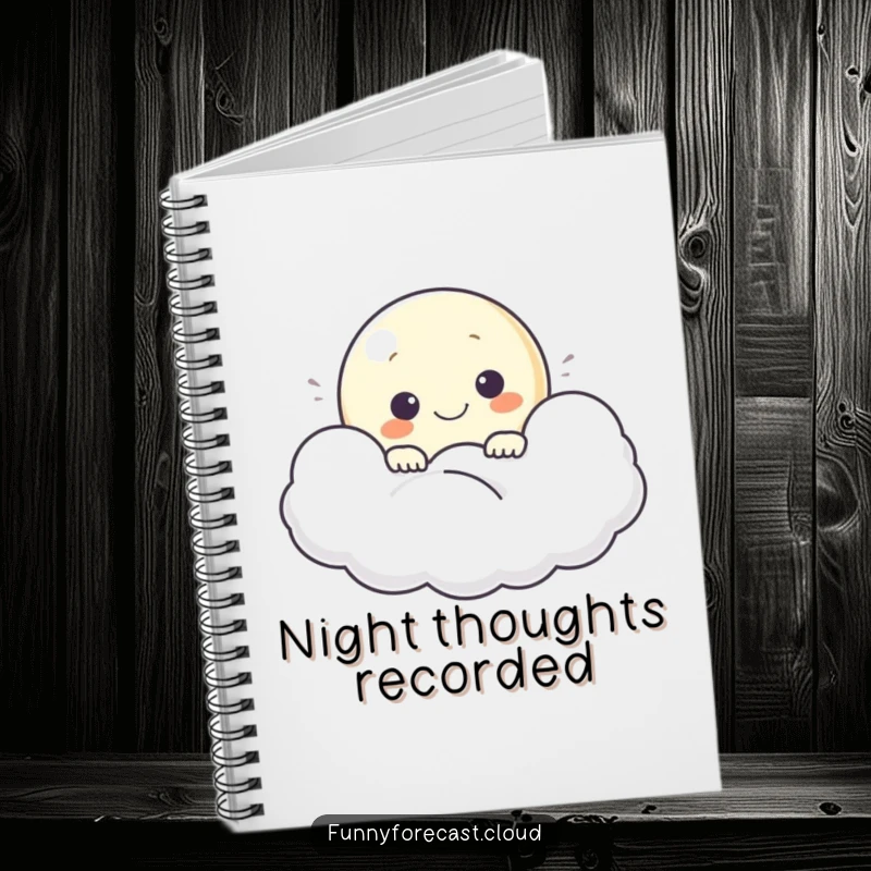 Funny notebook with a smiling moon peeking from a cloud, ideal for capturing creative thoughts and gentle ideas.
