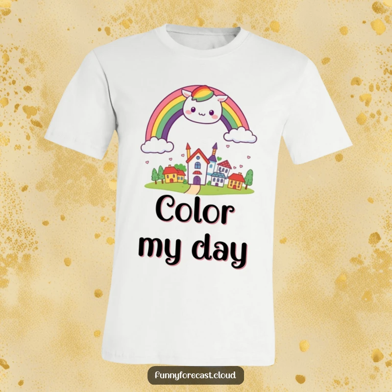 Funny kawaii rainbow arching cheerfully over a small, smiling town on a vibrant and comfortable t-shirt.