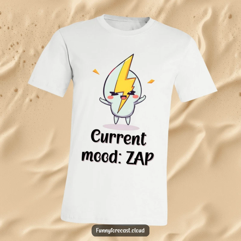 Funny t-shirt with a lightning bolt character striking and giving a mischievous wink, full of power.
