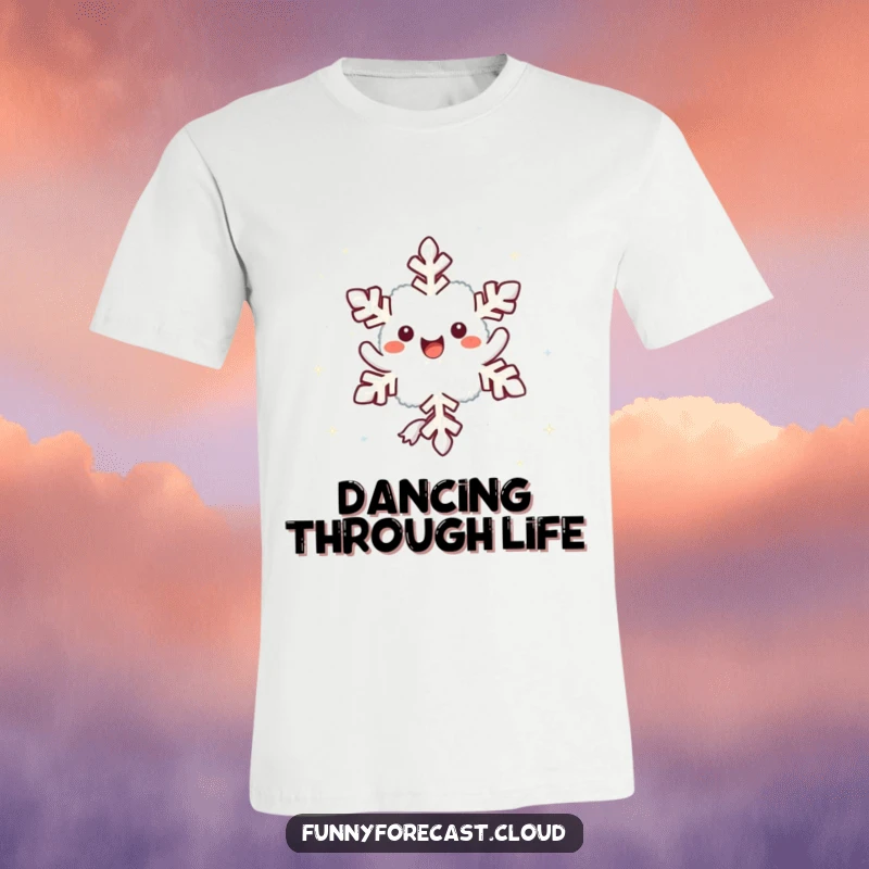 Funny kawaii snowflake character twirling joyfully in the air, designed for a fun t-shirt.