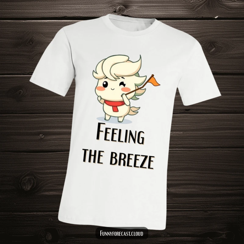 Funny t-shirt showing a wind character with puffed cheeks blowing a small flag, perfect for expressing playful joy and as a funny gift.
