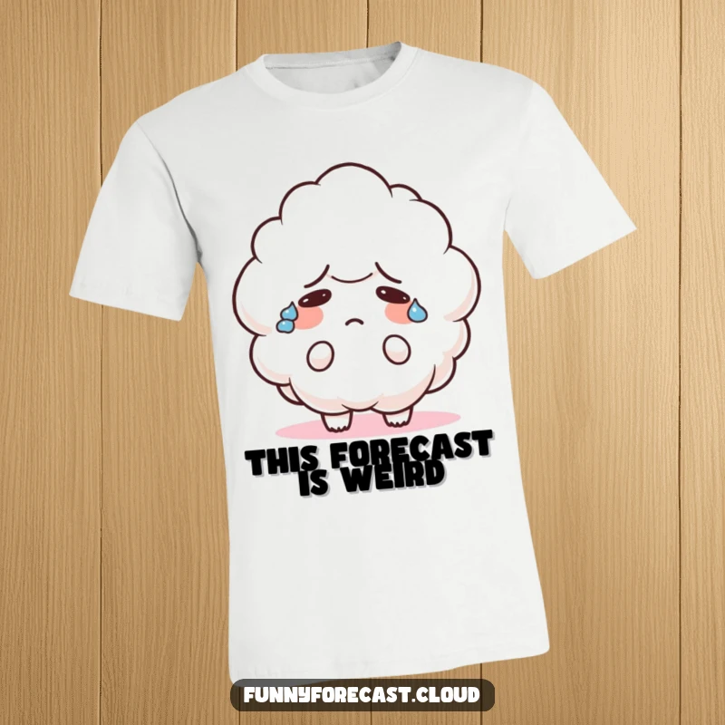 Funny t-shirt graphic of a cute cloud character sweating profusely and looking confused, perfect for expressing relatable feelings with humor.
