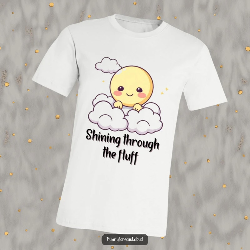Funny T-Shirt: A cheerful moon character with a big smile, peeking out from behind fluffy, inviting clouds.