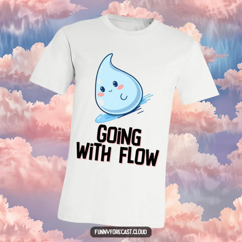 Funny kawaii raindrop character speeding downhill with joyful abandon on a fun t-shirt.