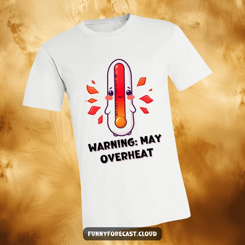 Funny kawaii thermometer t-shirt, blushing bright red due to exaggerated heat, depicting adorable flustered emotion, great funny gift.