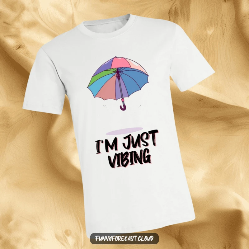 Funny dancing umbrella comically spinning out of control in a gentle breeze, a humorous t-shirt design showing chaos.