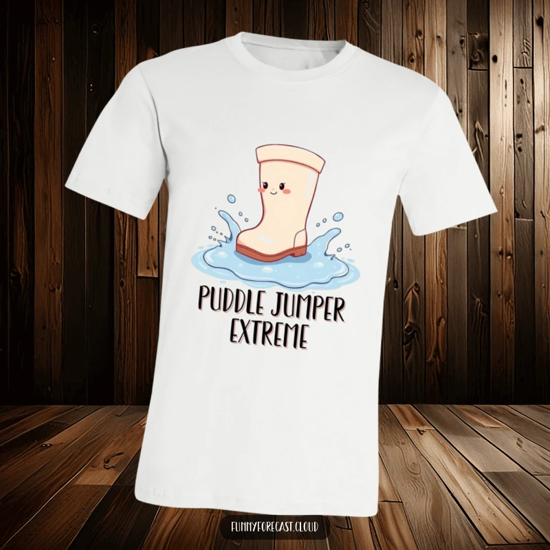 Funny T-Shirt: A bright rain boot gleefully stomping in a massive puddle, creating a spectacular water splash.