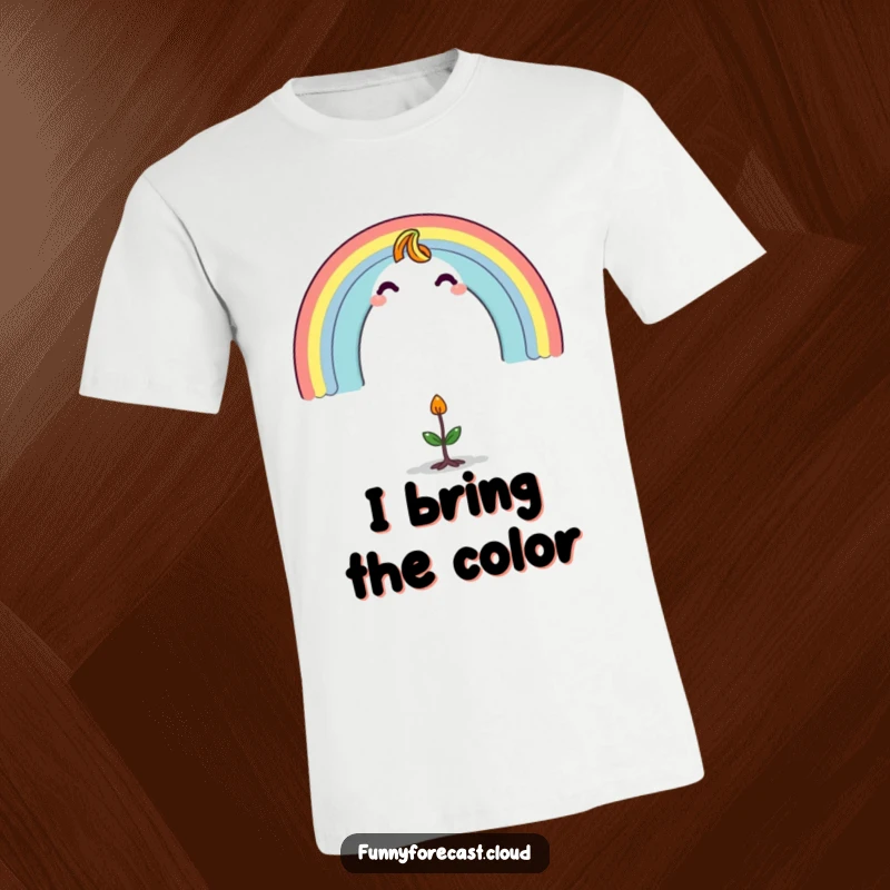 Funny t-shirt showing a colorful rainbow character forming an arch over a small, astonished sprout, symbolizing new beginnings and magic.