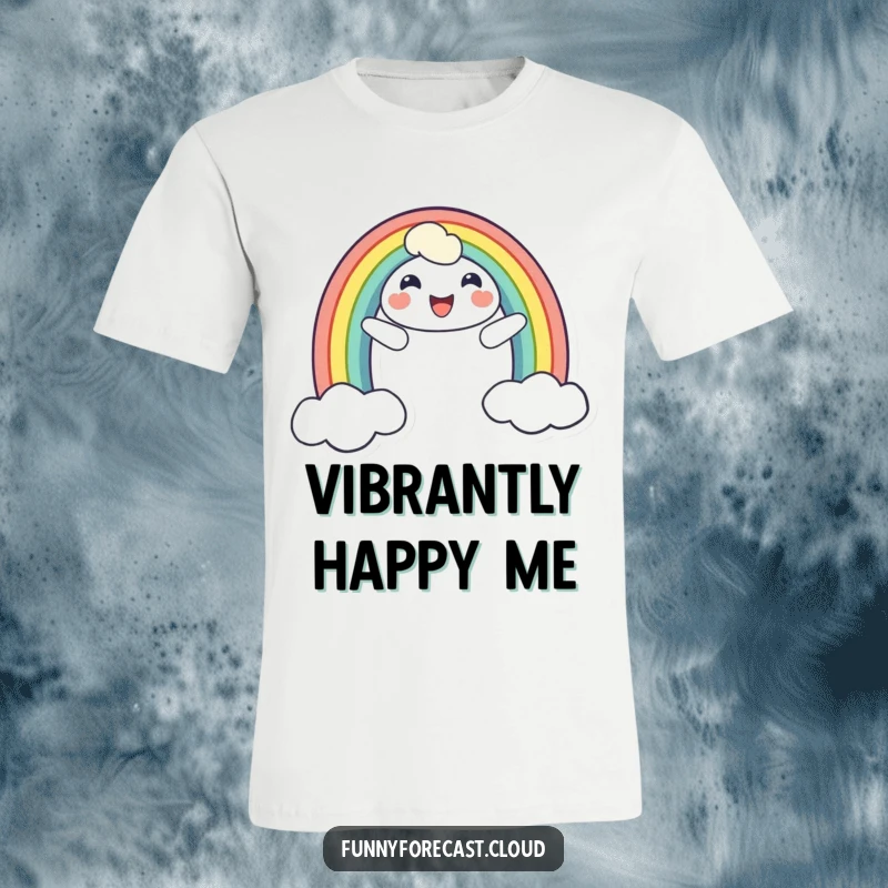 Funny t-shirt featuring a vibrant, smiling rainbow character arching across the sky, radiating happiness and cheerful vibes.