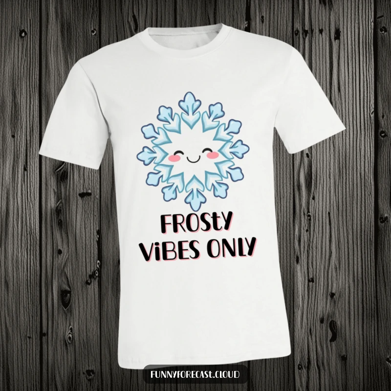 Funny t-shirt: A cute, cheerful snowflake with a tiny smile, falling gracefully in a winter wonderland.
