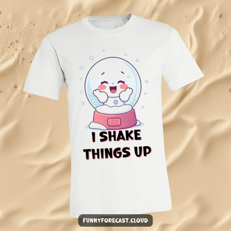 Funny t-shirt featuring a snow globe character playfully shaking, sending a swirl of snowflakes outwards with immense frosty glee.