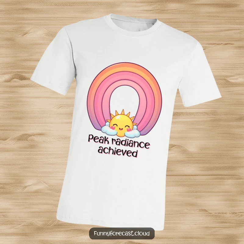 Funny T-Shirt: A bright yellow sun with a wide smile, and a colorful rainbow character forming an arch above it.