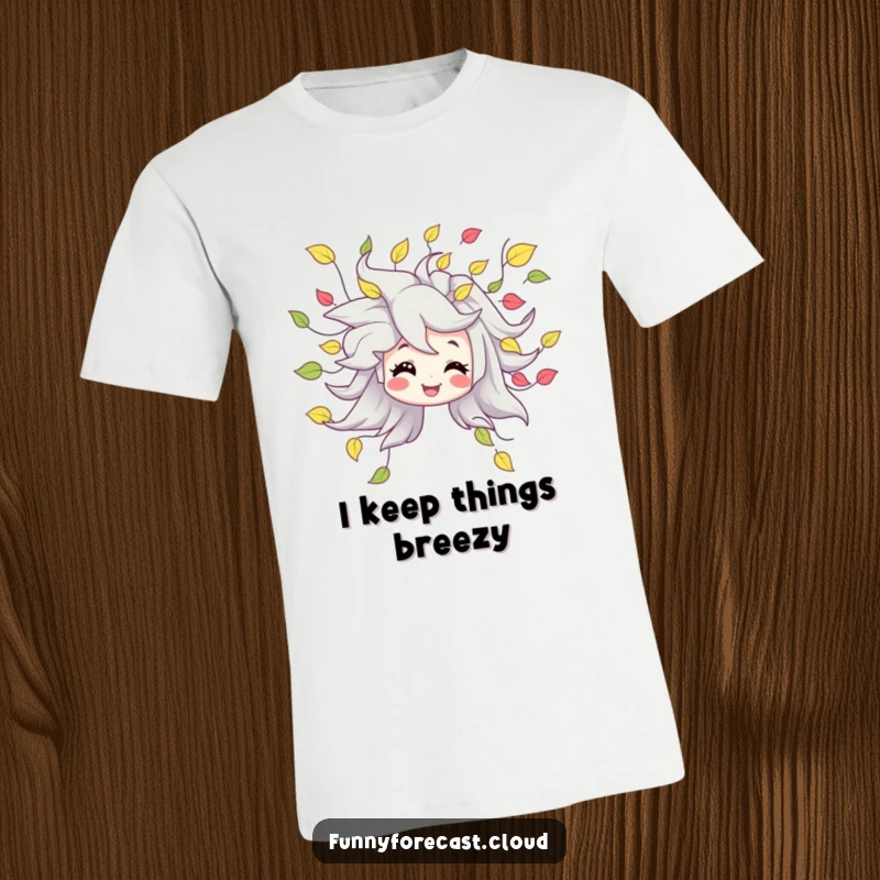 Funny t-shirt featuring a smiling wind character artistically blowing a swirling cascade of colorful leaves, a great gift.