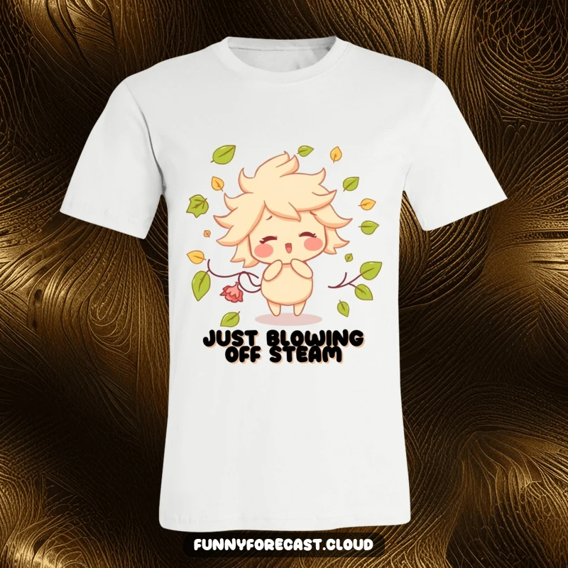 Funny t-shirt with a cute wind character sporting rosy cheeks, playfully scattering a flurry of autumn leaves with a cheerful expression.