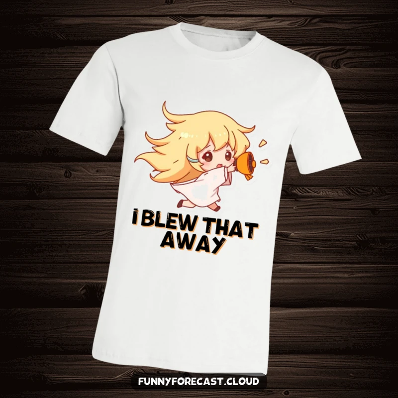 Funny Wind Gust T-Shirt illustrating a character being comically blown away by a strong wind character, full of energetic humor.