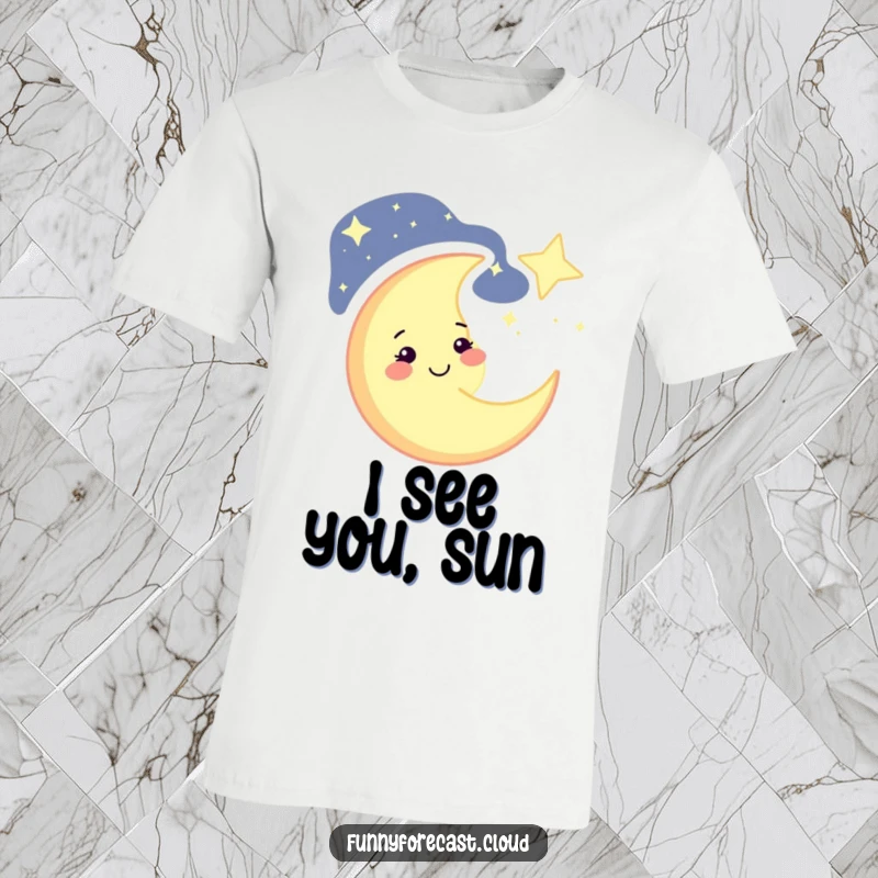 Funny winking crescent moon t-shirt set against a vibrant starry night sky, perfect for astronomy fans, a funny gift.