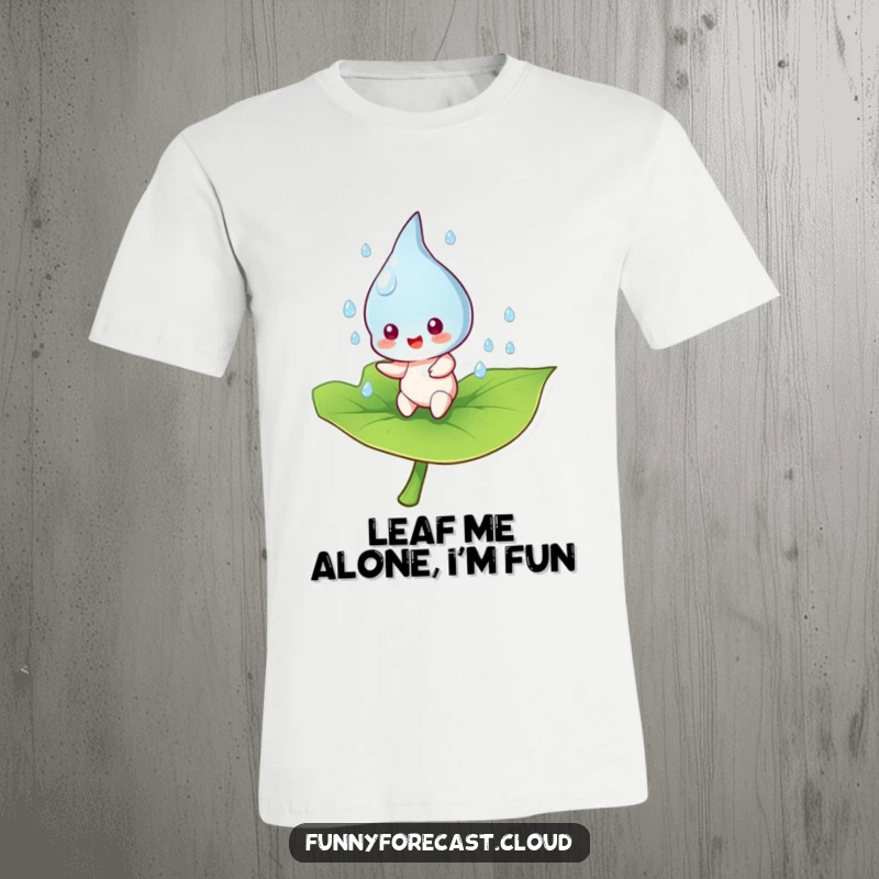 Funny raindrop character happily bouncing on a lush green leaf, radiating infectious joy and playful energy.