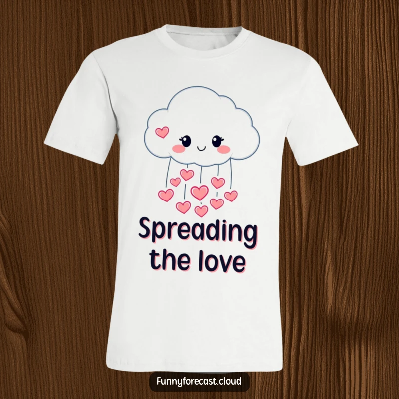 Funny t-shirt with a happy raincloud character pouring hearts, symbolizing love and happiness.