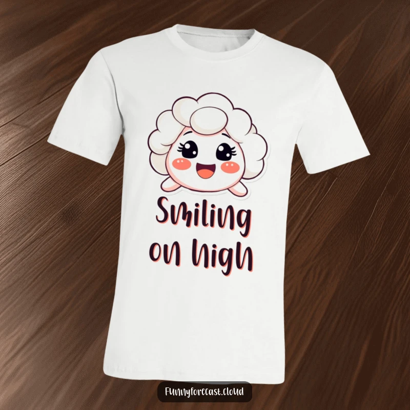 Funny t-shirt featuring a cloud character with a very big, surprised, and exceptionally happy smile. Cheerful graphic.