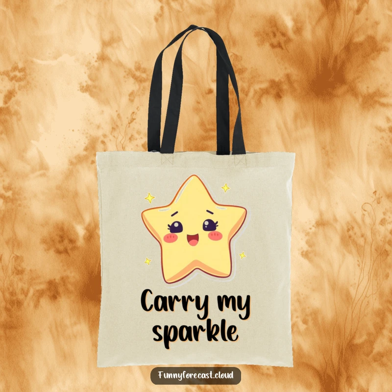 Funny tote bag featuring a twinkling star character with an excited sparkle, perfect for carrying daily essentials.