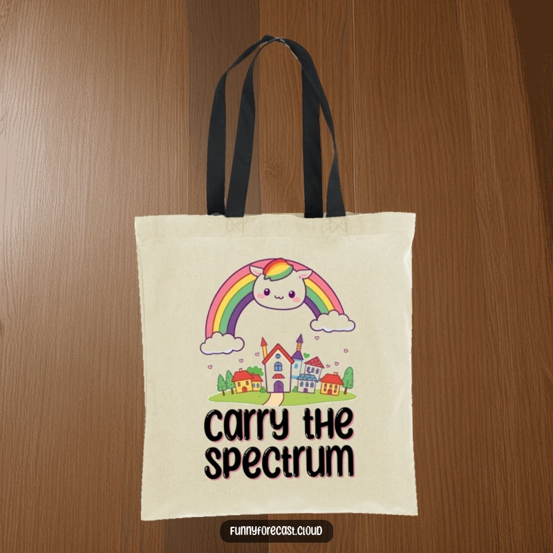 Funny kawaii rainbow arching cheerfully over a small, smiling town on a durable and stylish tote bag.