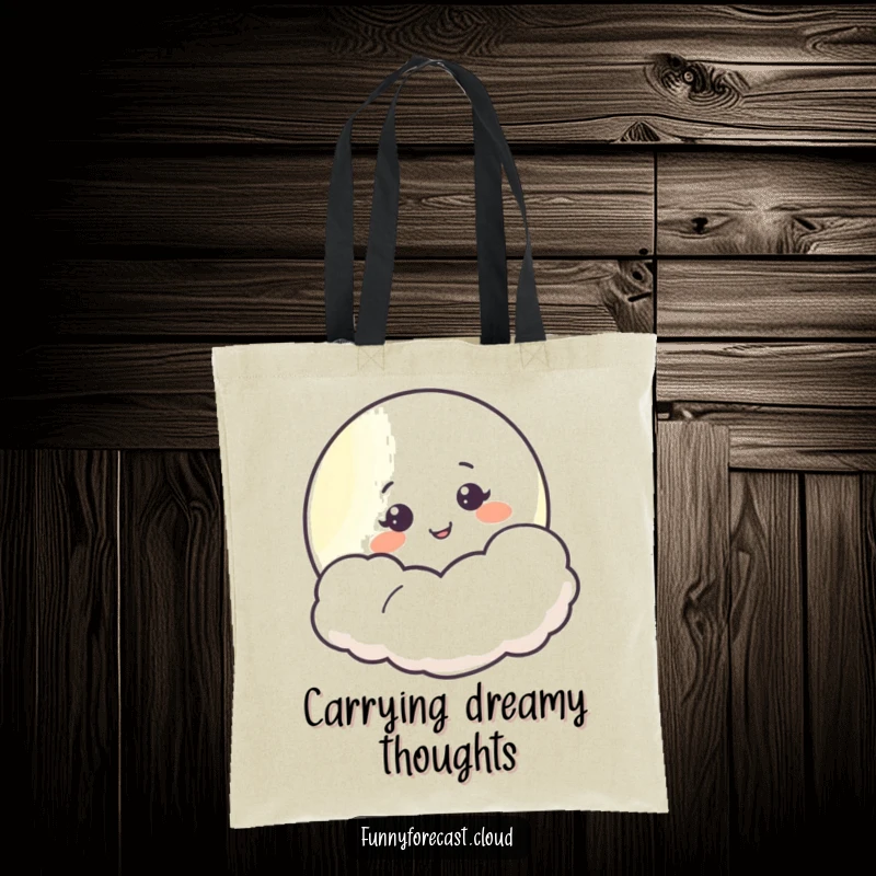 Funny moon character peeking from behind a cloud, smiling warmly, a charming and practical tote bag design.