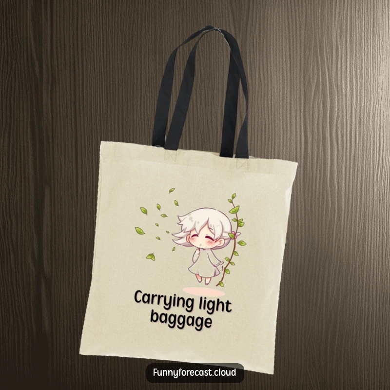 Funny tote bag with a giggling wind character blowing leaves, a playful and breezy accessory.