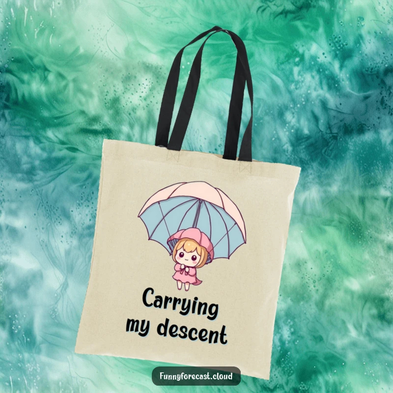 Funny Kawaii Parachute Tote Bag showcasing a cute character descending safely with an umbrella, practical and humorous.