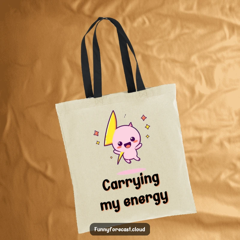Funny kawaii lightning bolt character zigs and zags with boundless excitement on this practical tote bag, a super funny gift.