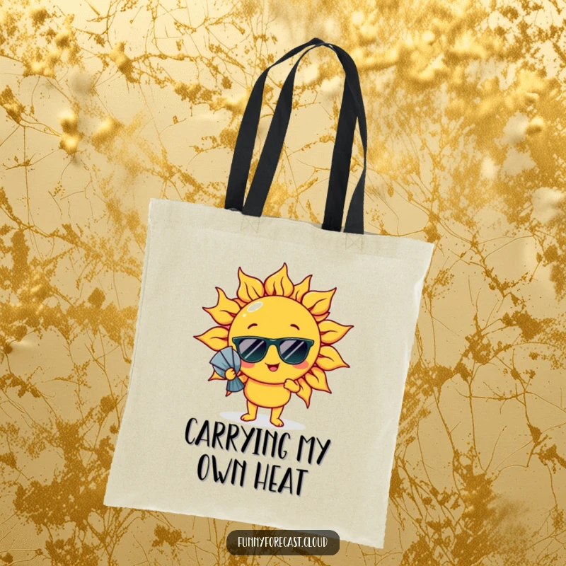Funny Tote Bag: A sun character in sunglasses comically fanning itself, perfect for carrying summer vibes.