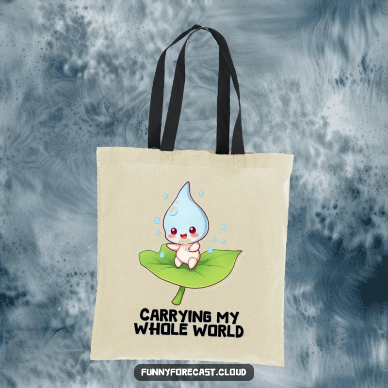Funny raindrop character energetically bouncing on a leaf, featured on a stylish tote bag, ready for adventure.