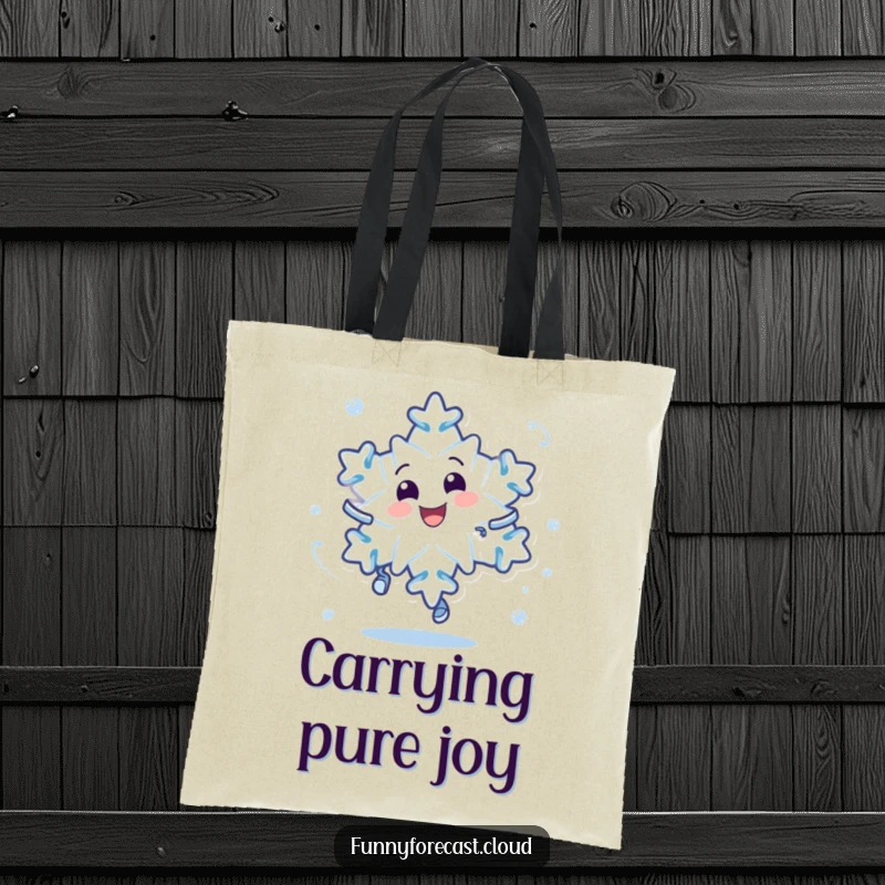 Funny tote bag with a dizzy, delighted snowflake character, ideal for carrying everyday items with a touch of winter's playful energy.