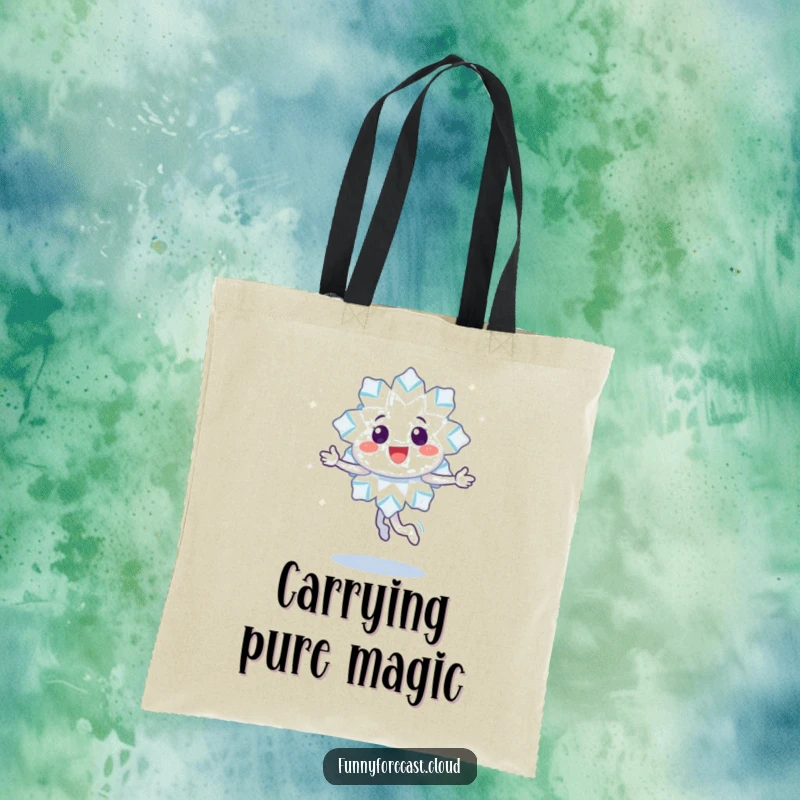 Funny tote bag with a happy snowflake character doing a joyful twirl, leaving a trail of sparkles, perfect for carrying anything.