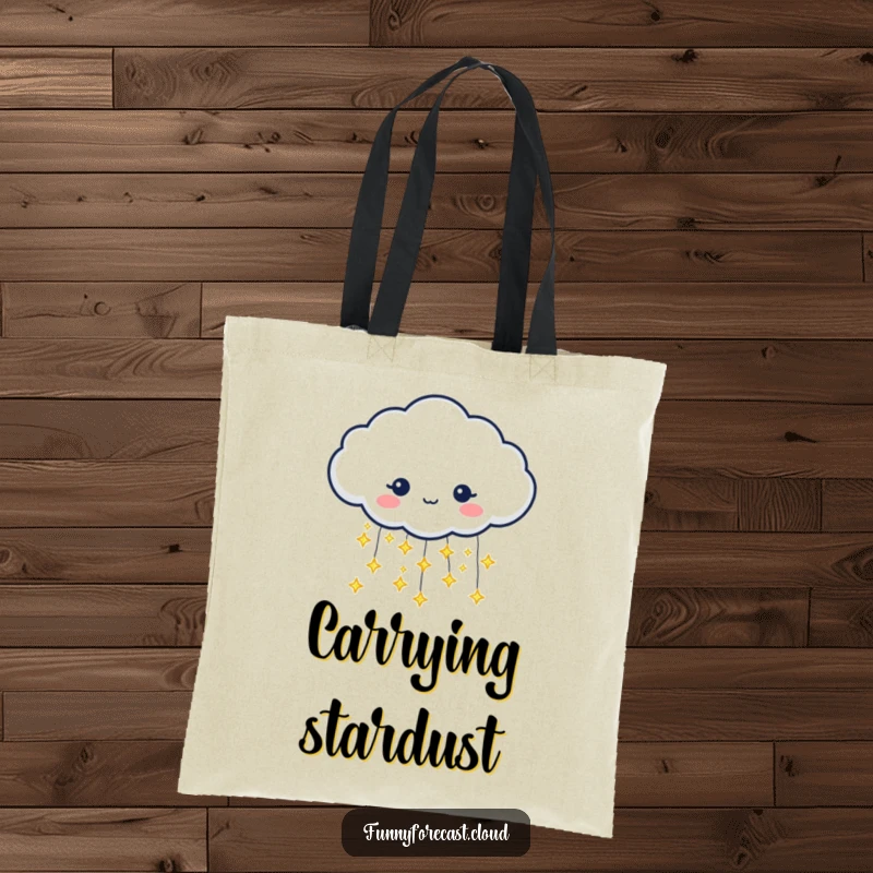 Funny tote bag with a rain cloud character pouring tiny, glittering stars instead of raindrops. Magical accessory.