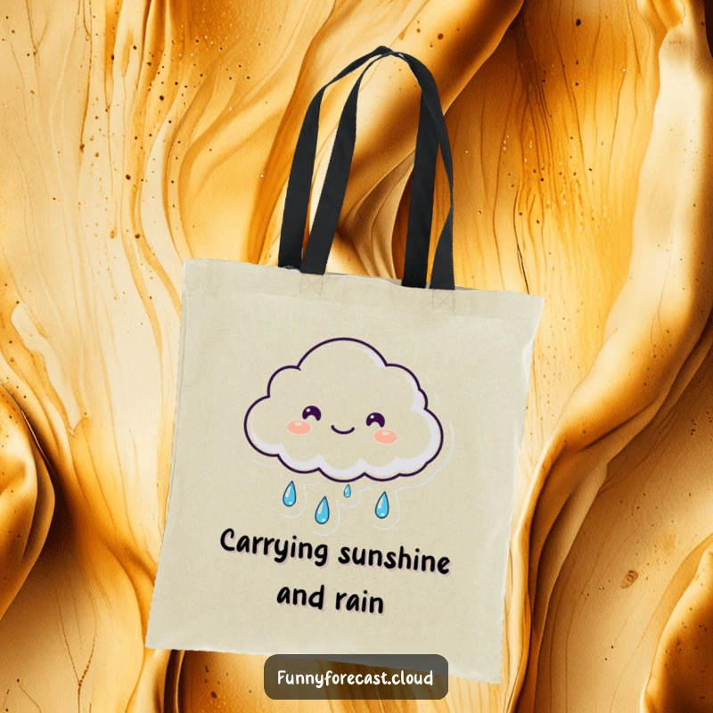 Funny small fluffy kawaii cloud shedding happy tears of rain on this practical tote bag, a cute funny gift.