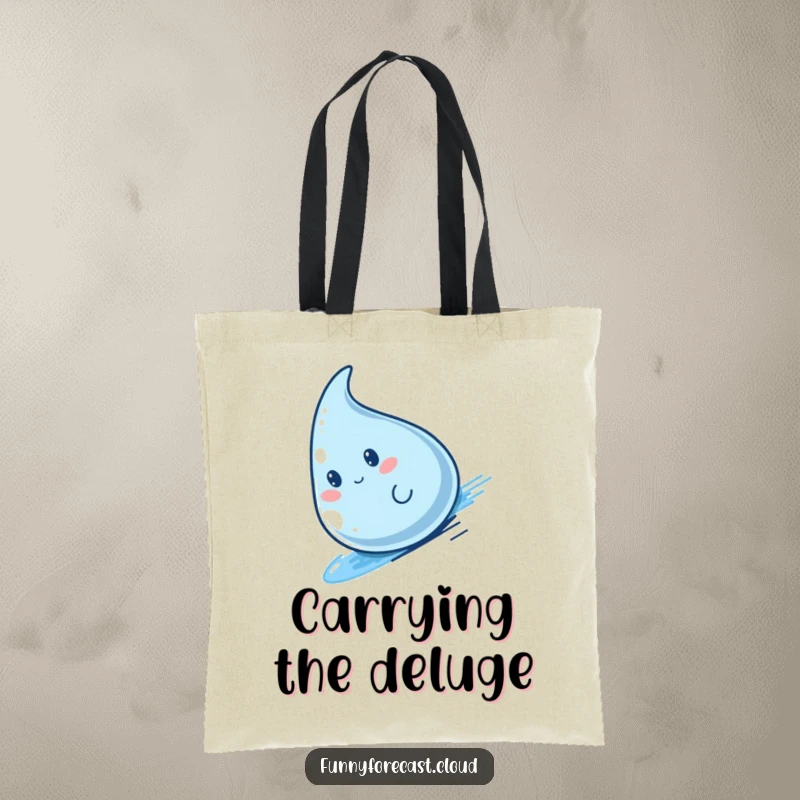 Funny kawaii raindrop character in full slide, a swift and humorous tote bag design.