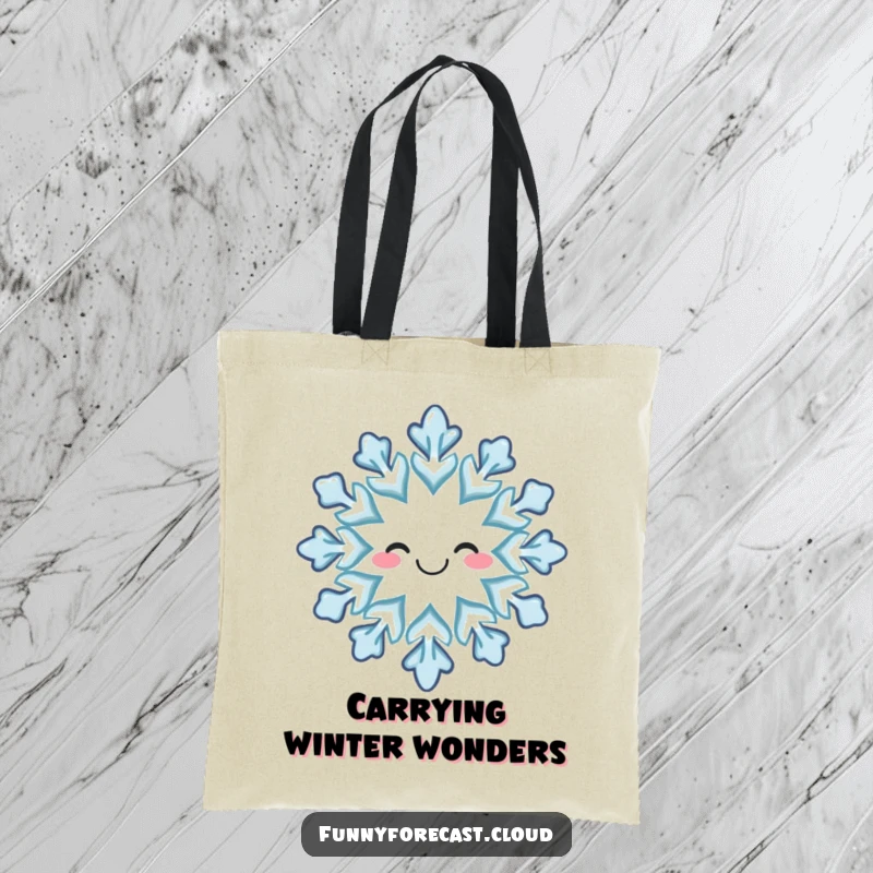 Funny tote bag: A smiling snowflake gently floating down, perfect for carrying your winter day essentials.