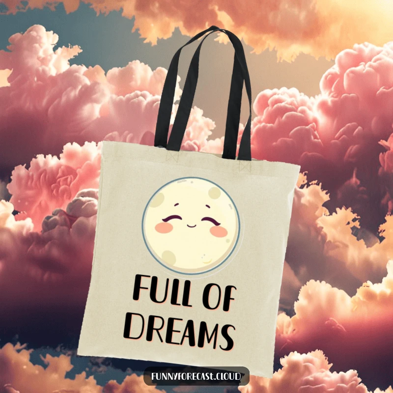 Funny Moon Tote Bag showcasing a delightfully sleepy and satisfied moon character, ideal for carrying daily items with a humorous touch.