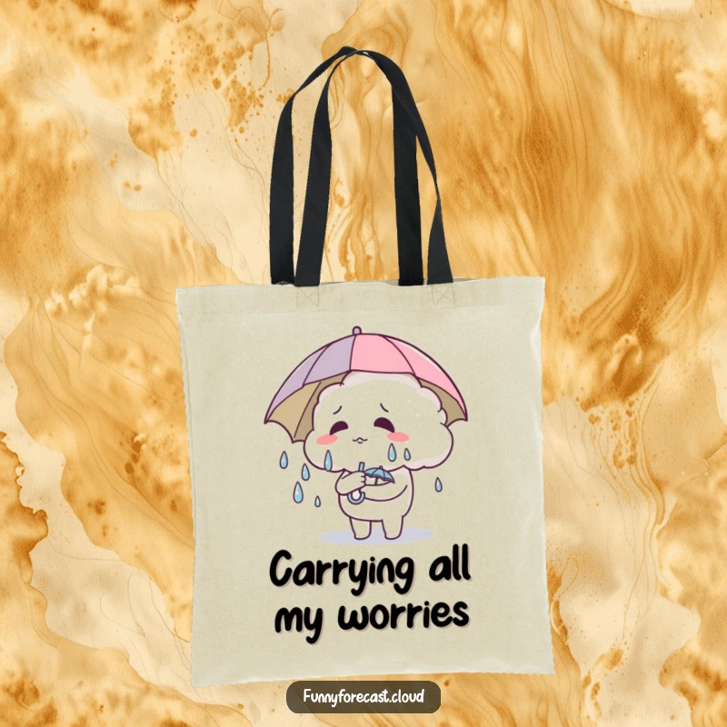 Funny Tote Bag: A cute cloud character sweating and holding a tiny umbrella, perfect for carrying humor.