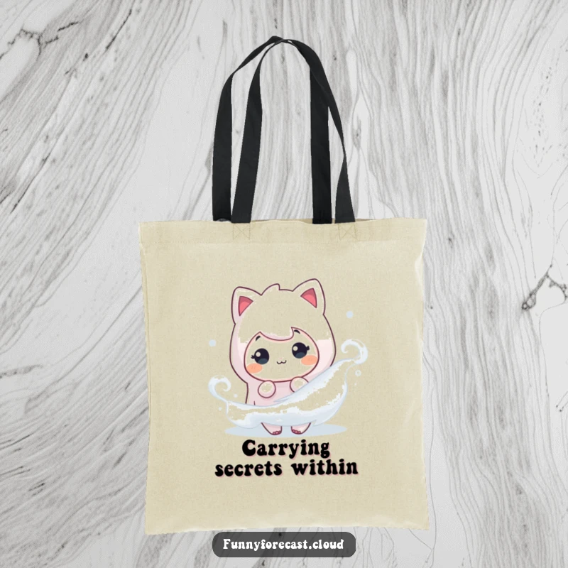 Funny tote bag featuring a fog character playfully peeking from a misty swirl, adding a touch of mystery.