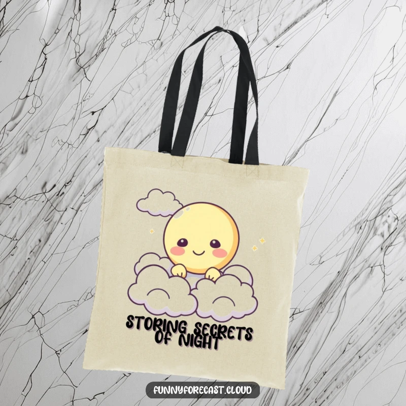 Funny Tote Bag: A happy moon character peeking from behind fluffy clouds, ready for any celestial adventure.