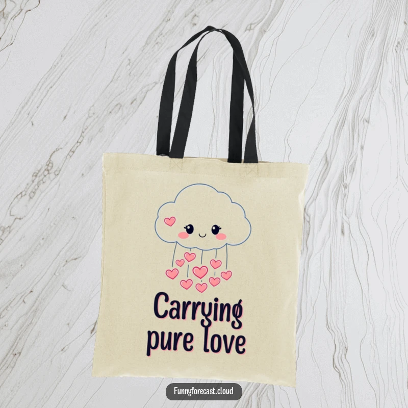 Funny tote bag with a happy raincloud character pouring hearts, carrying love and affection.